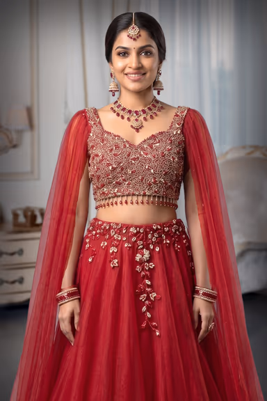 Crimson Red Heavily Embroidered Lehenga Choli with Attached Organza Cape Sleeves — view 1 of 3