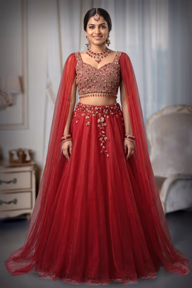 Crimson Red Heavily Embroidered Lehenga Choli with Attached Organza Cape Sleeves — view 2 of 3