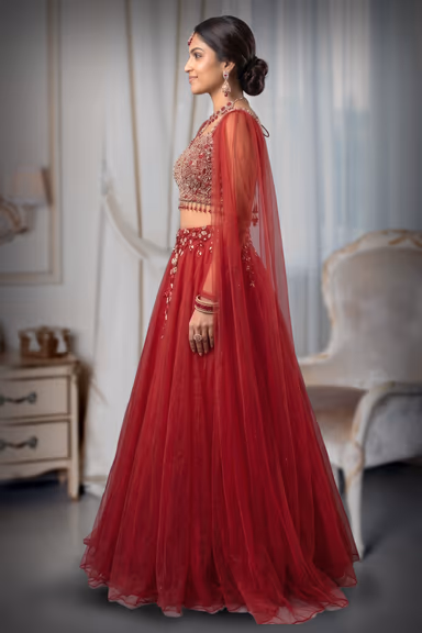 Crimson Red Heavily Embroidered Lehenga Choli with Attached Organza Cape Sleeves — view 3 of 3