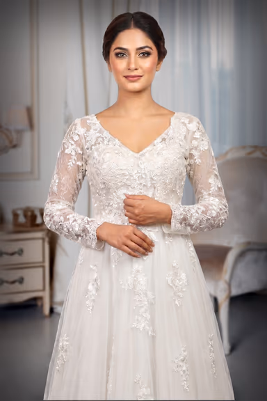 Elegant Off-White Lace and Tulle Long Sleeve Bridal Wedding Gown — view 1 of 3