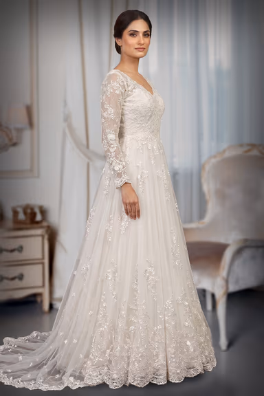 Elegant Off-White Lace and Tulle Long Sleeve Bridal Wedding Gown — view 3 of 3