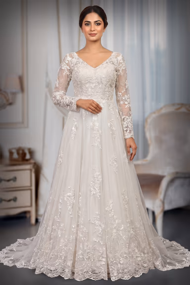 Elegant Off-White Lace and Tulle Long Sleeve Bridal Wedding Gown — view 2 of 3