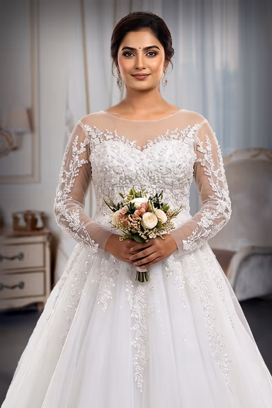 Long-Sleeved Lace Appliqué A-Line Bridal Gown with Illusion Neckline — view 1 of 3