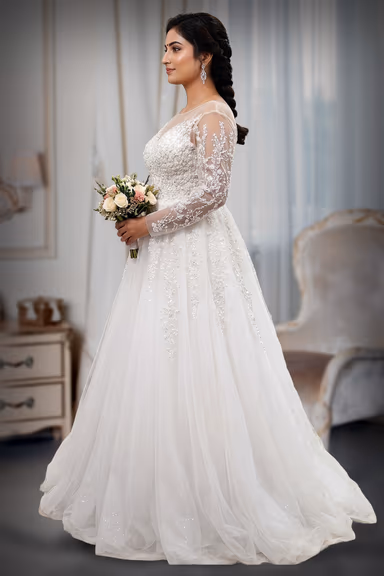 Long-Sleeved Lace Appliqué A-Line Bridal Gown with Illusion Neckline — view 3 of 3