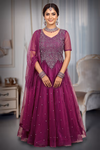Deep Magenta Pearl and Sequin Embroidered Net Anarkali Gown with Dupatta — view 2 of 3