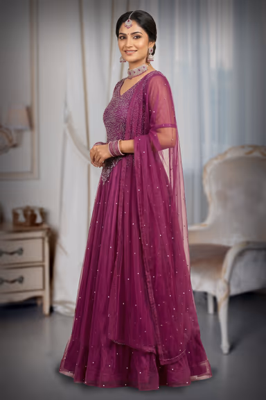 Deep Magenta Pearl and Sequin Embroidered Net Anarkali Gown with Dupatta — view 3 of 3