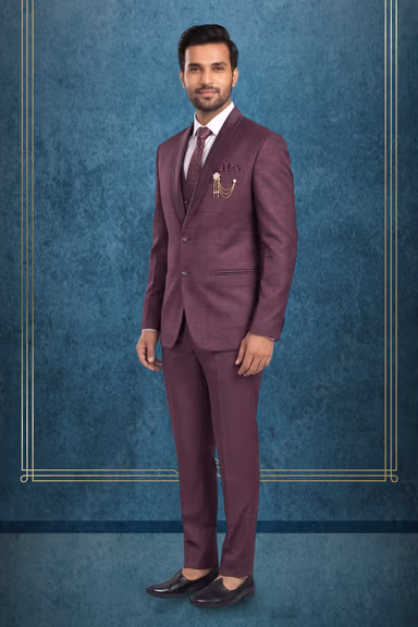 Wine Purple Plaid 3-Piece Tuxedo Suit with Satin Shawl Lapel — view 3 of 3