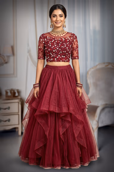 Wine Red Tiered Ruffle Net Lehenga with Sheer Illusion Floral Blouse — view 2 of 3