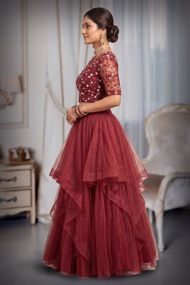 Wine Red Tiered Ruffle Net Lehenga with Sheer Illusion Floral Blouse — view 3 of 3