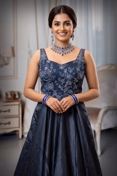 Steel Blue Embroidered Net and Silk Taffeta A-Line Evening Gown — view 1 of 3
