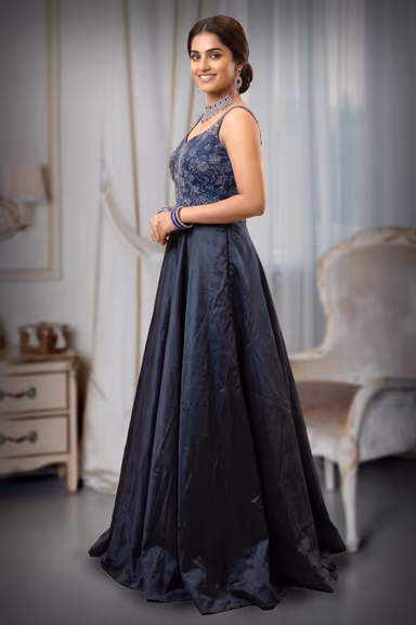 Steel Blue Embroidered Net and Silk Taffeta A-Line Evening Gown — view 3 of 3