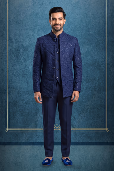 Men's Navy Blue Textured Bandhgala Jacket with Matching Inner Waistcoat and Trousers Set — view 1 of 3