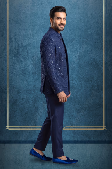 Men's Navy Blue Textured Bandhgala Jacket with Matching Inner Waistcoat and Trousers Set — view 3 of 3