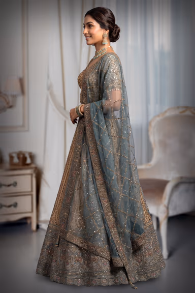 Dull Gold and Pastel Sea Green Embroidered Silk Lehenga Choli Set with Net Dupatta — view 3 of 3