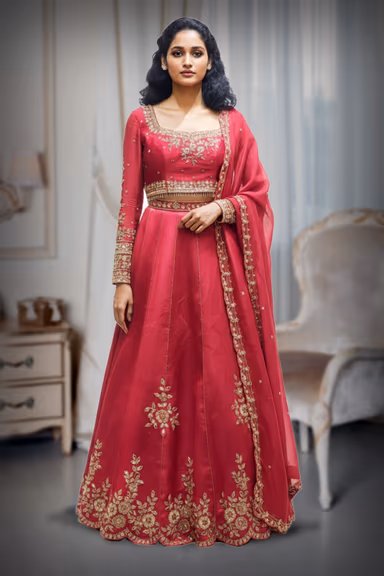 Vibrant Crimson Raw Silk Lehenga Choli with Hand-Embroidered Scalloped Border and Full Sleeves — view 2 of 2