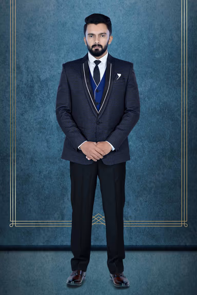 Black Printed Jacket Blue & Black Jacquard  Waist Coat Imported Terry Rayon In  3Pc Suit — view 1 of 6