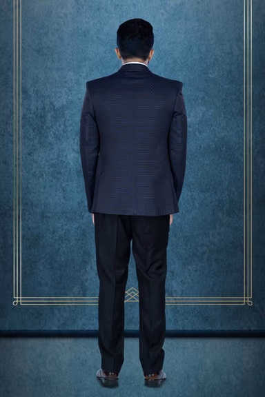 Black Printed Jacket Blue & Black Jacquard  Waist Coat Imported Terry Rayon In  3Pc Suit — view 4 of 6
