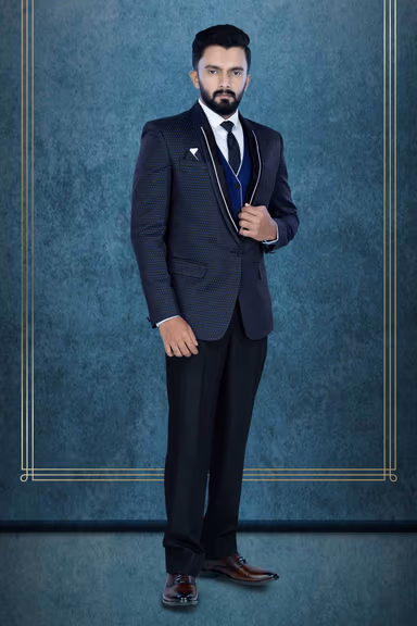 Black Printed Jacket Blue & Black Jacquard  Waist Coat Imported Terry Rayon In  3Pc Suit — view 6 of 6
