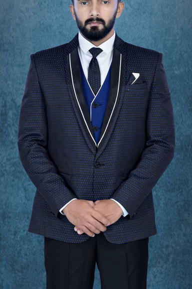 Black Printed Jacket Blue & Black Jacquard  Waist Coat Imported Terry Rayon In  3Pc Suit — view 5 of 6