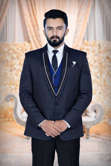 Black Printed Jacket Blue & Black Jacquard  Waist Coat Imported Terry Rayon In  3Pc Suit — view 2 of 6