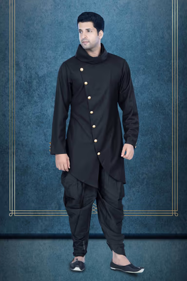 Asymmetrical Cut Terry Rayon In Black Indowestern — view 3 of 6
