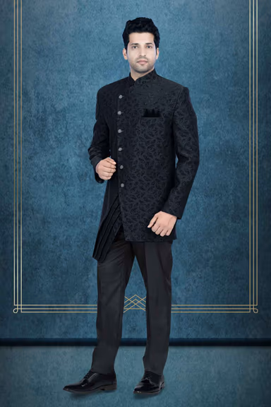 Asymmetrical Cut Jacquard In Black Indowestern — view 3 of 6