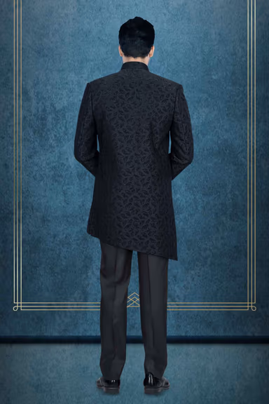 Asymmetrical Cut Jacquard In Black Indowestern — view 5 of 6