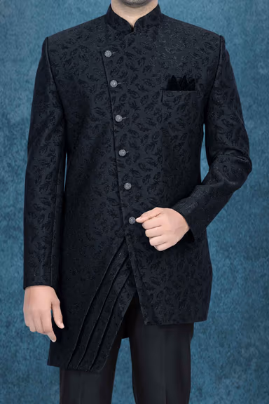Asymmetrical Cut Jacquard In Black Indowestern — view 6 of 6