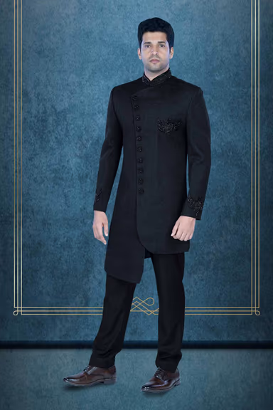 Asymmetrical Cut  Banarasi Dupion Silk In Black Indowestern — view 3 of 6