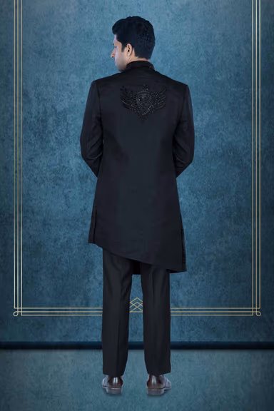 Asymmetrical Cut  Banarasi Dupion Silk In Black Indowestern — view 5 of 6