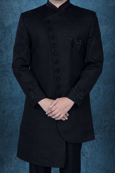 Asymmetrical Cut  Banarasi Dupion Silk In Black Indowestern — view 6 of 6