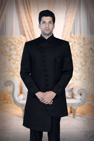 Asymmetrical Cut  Banarasi Dupion Silk In Black Indowestern — view 2 of 6