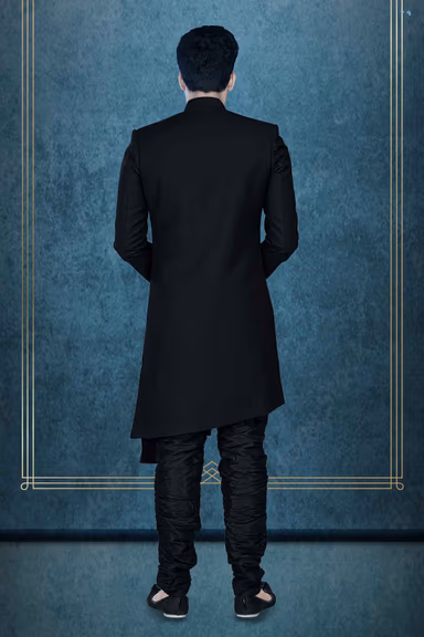 Printed Jacquard Fabric In Black Indowestern — view 4 of 6