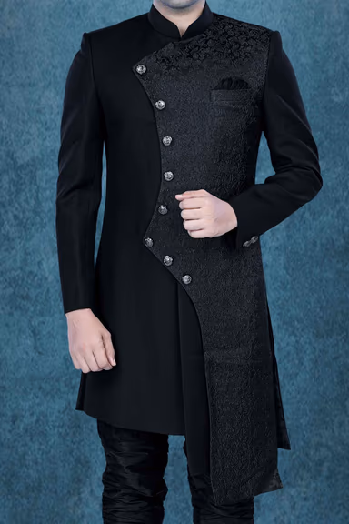 Printed Jacquard Fabric In Black Indowestern — view 5 of 6
