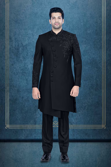 Hand-Stone Suiting Fabric In Black Indowestern — view 1 of 6