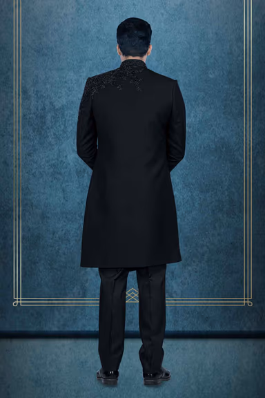 Hand-Stone Suiting Fabric In Black Indowestern — view 4 of 6