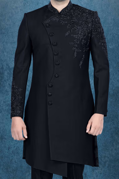 Hand-Stone Suiting Fabric In Black Indowestern — view 5 of 6