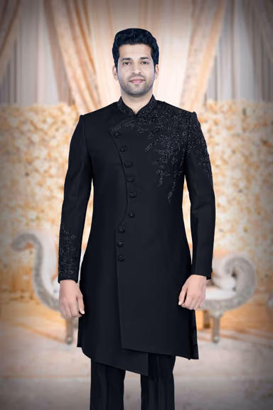 Hand-Stone Suiting Fabric In Black Indowestern — view 2 of 6