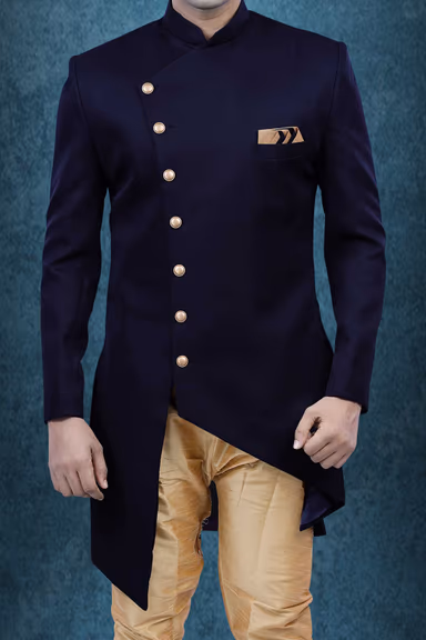 Asymmetrical Cut  Imported Terry Rayon In Blue Indowestern — view 6 of 6