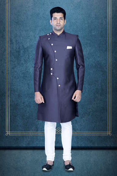 Asymmetrical Cut  Jacquard In Blue Indowestern — view 1 of 5