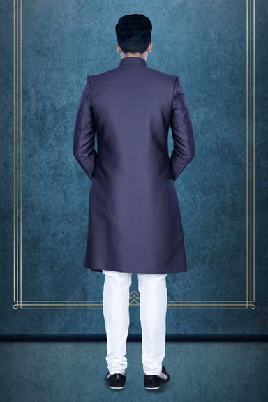 Asymmetrical Cut  Jacquard In Blue Indowestern — view 4 of 5