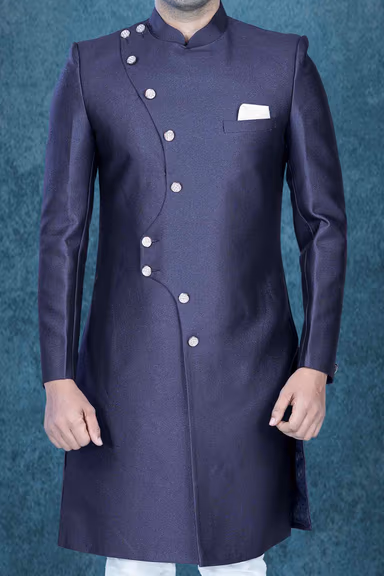Asymmetrical Cut  Jacquard In Blue Indowestern — view 5 of 5
