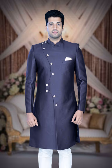 Asymmetrical Cut  Jacquard In Blue Indowestern — view 2 of 5