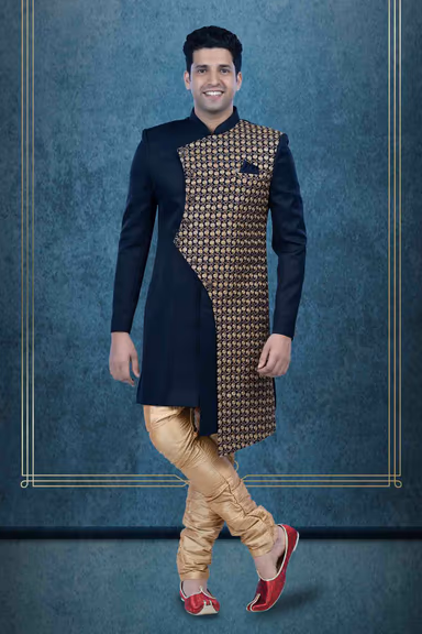 Printed Jacquard Fabric In Blue & Gold Indowestern — view 1 of 6