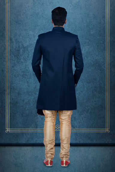 Printed Jacquard Fabric In Blue & Gold Indowestern — view 4 of 6