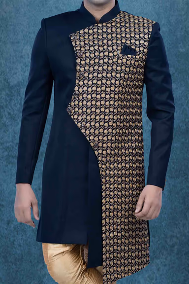 Printed Jacquard Fabric In Blue & Gold Indowestern — view 5 of 6