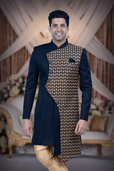 Printed Jacquard Fabric In Blue & Gold Indowestern — view 2 of 6