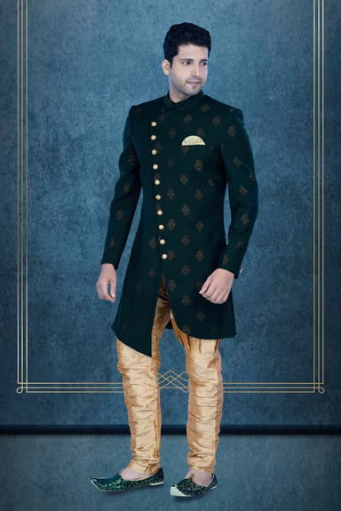Asymmetrical Cut  Jacquard In Bottle Green Indowestern — view 3 of 6