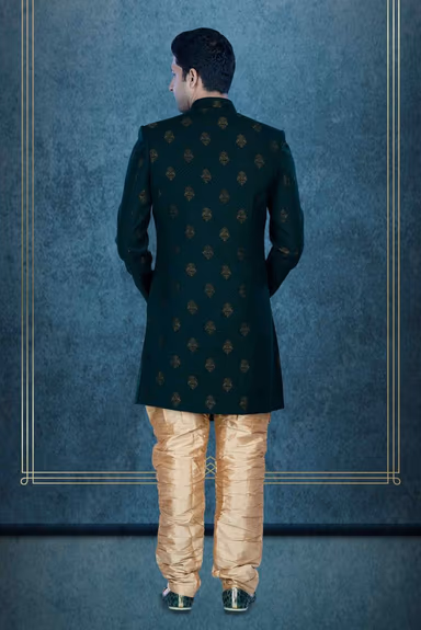 Asymmetrical Cut  Jacquard In Bottle Green Indowestern — view 5 of 6