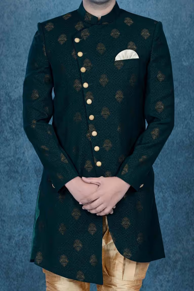 Asymmetrical Cut  Jacquard In Bottle Green Indowestern — view 6 of 6